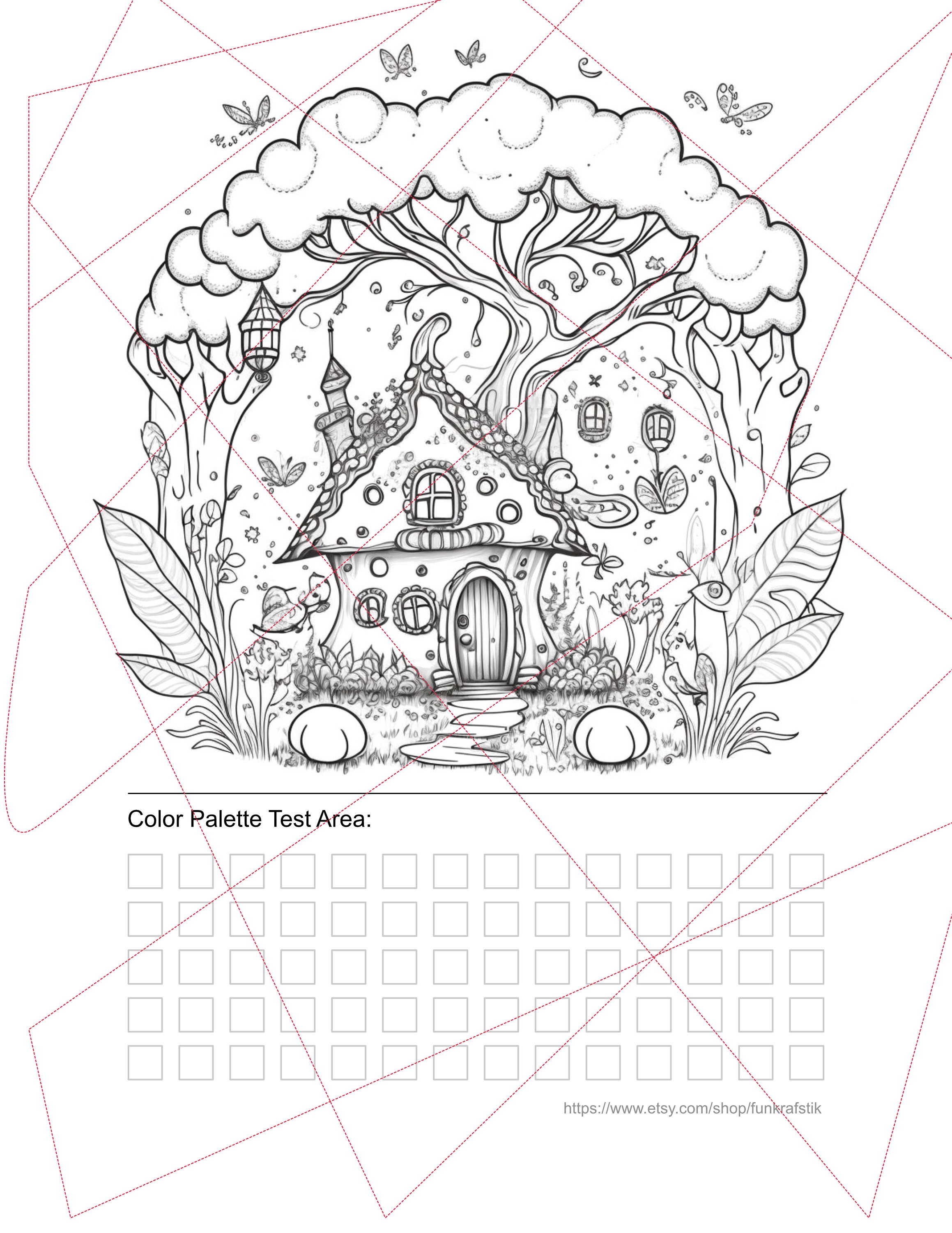 Enchanted forest fairy houses whimsical adult coloring pages grayscale printable adult coloring digital file printable pdf file