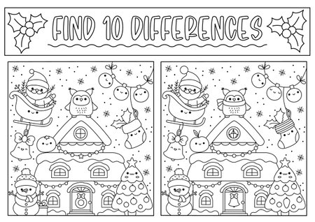 Christmas black and white find differences game for children attention skills activity with cute santa claus house tree snowman new year line puzzle or coloring page for kids ðððððñññ svg ððµðºñðññ ð