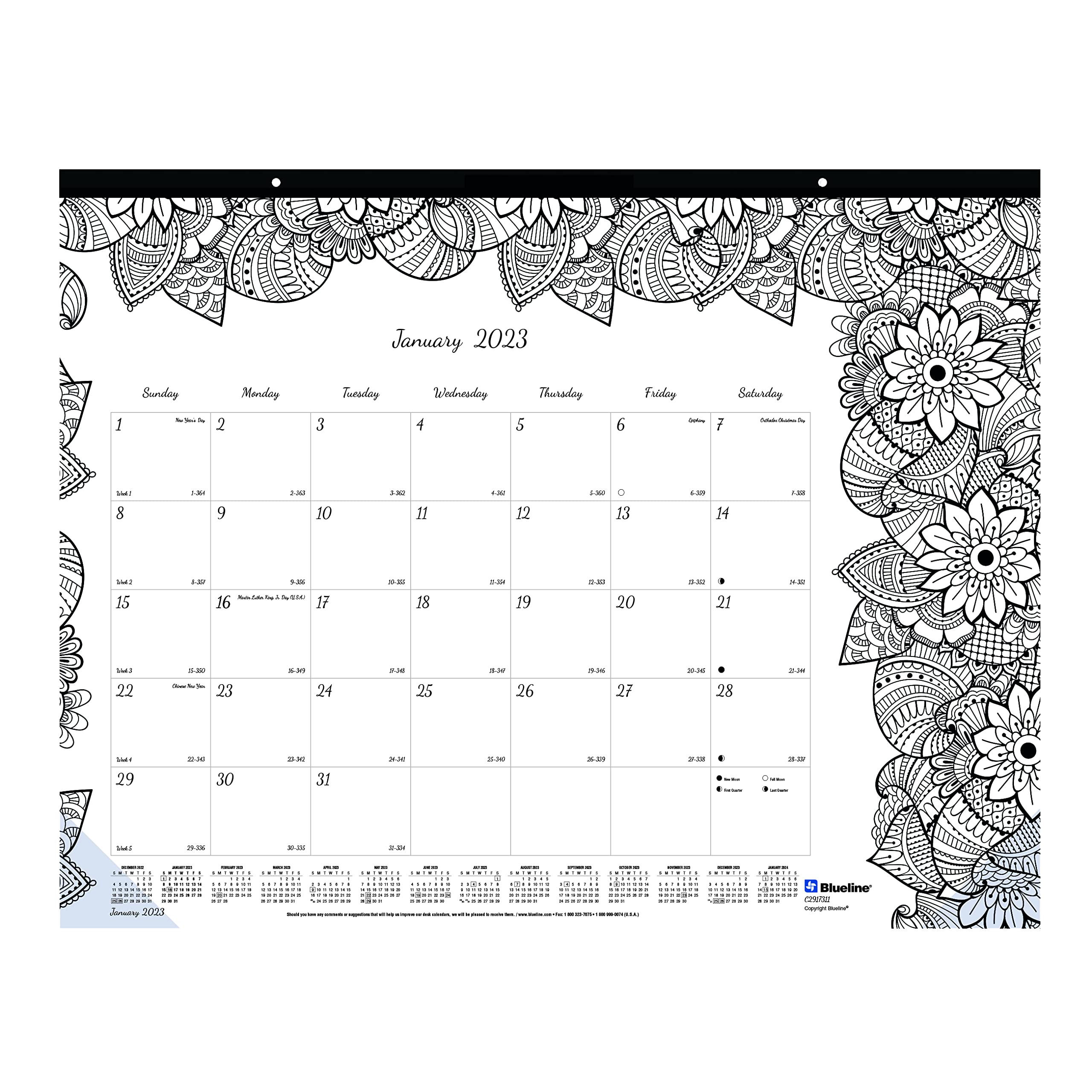 Blueline calendario mensual de escritorio para colorear doodleplan meses enero a diciembre x pulgadas botanica designs c