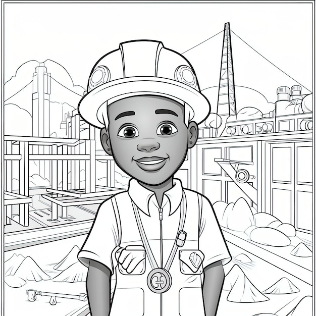 Premium vector black kid engineer for a coloring book with black outline
