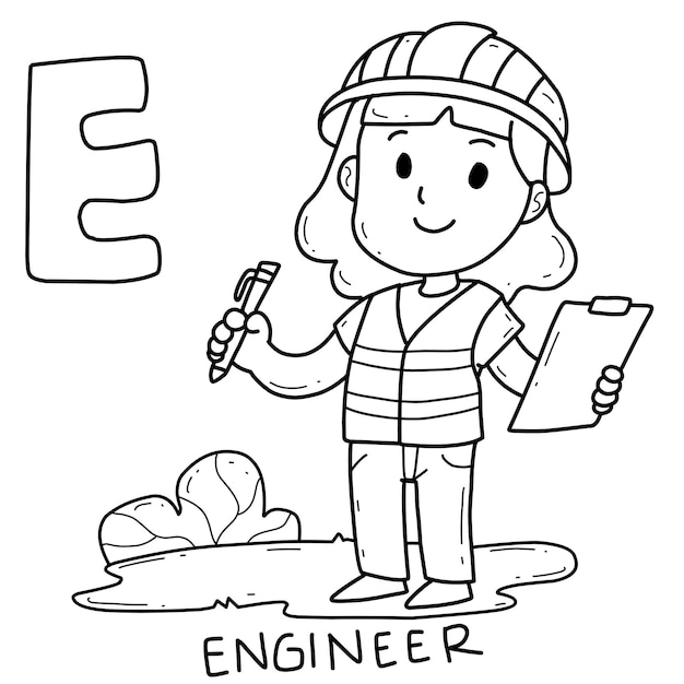 Premium vector alphabet occupation engineer coloring book with word