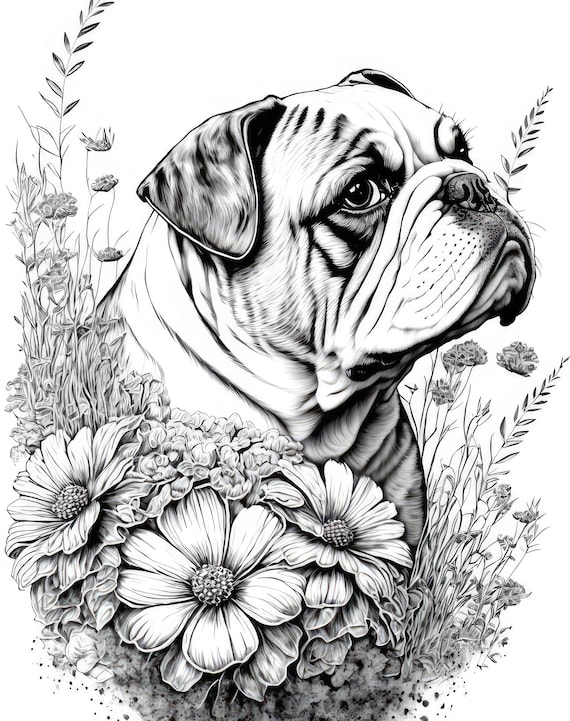 English bulldog coloring sheet ai generated coloring page of a cute english bulldog with flowers instant download