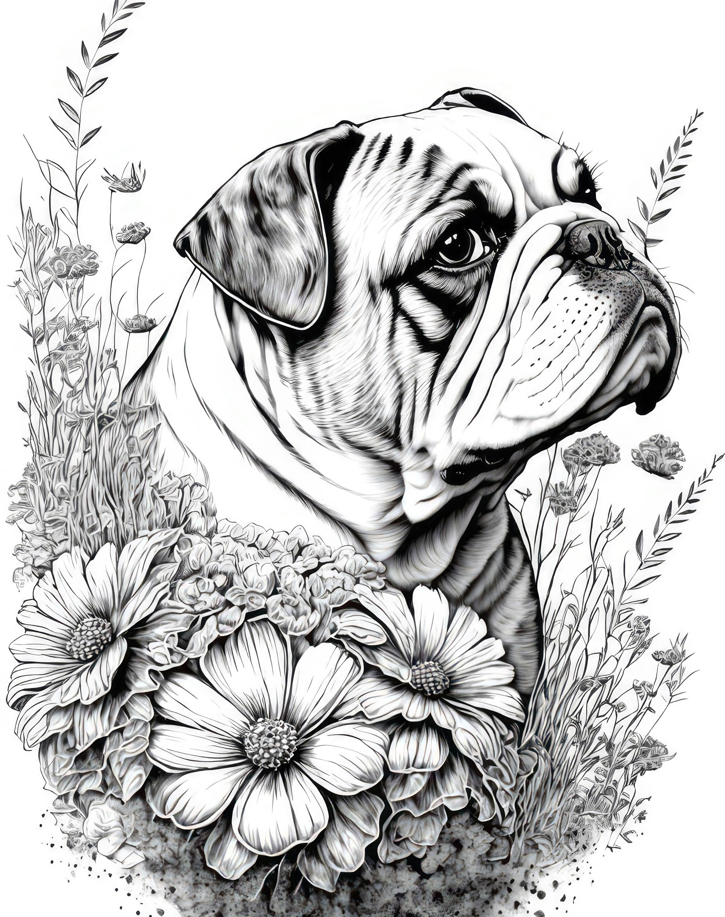 English bulldog coloring sheet ai generated coloring page of a cute english bulldog with flowers instant download