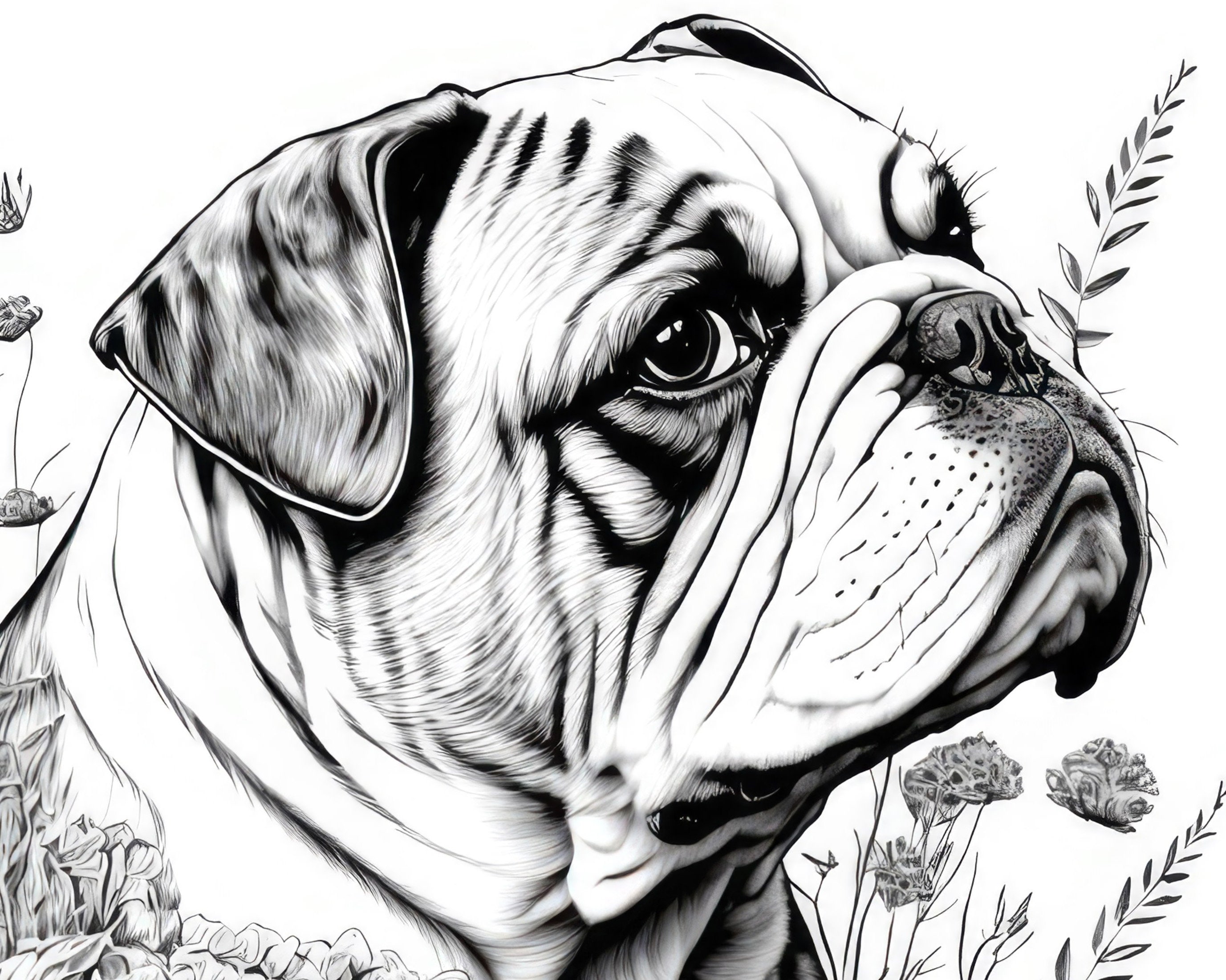 English bulldog coloring sheet ai generated coloring page of a cute english bulldog with flowers instant download