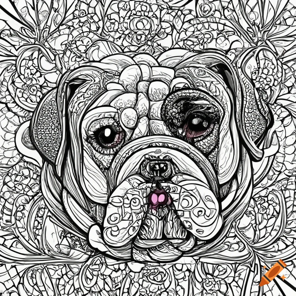 Black and white colouring page for children of a english bulldog with low detail with white background on