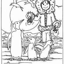 Eskimo with penguins coloring pages