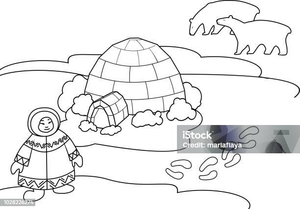 Coloring page arctic landscape with eskimo in national clothes igloo and stylized polar bear stock illustration