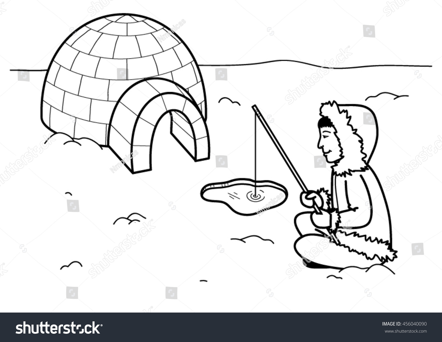 Coloring page eskimo igloo fishing stock vector royalty free