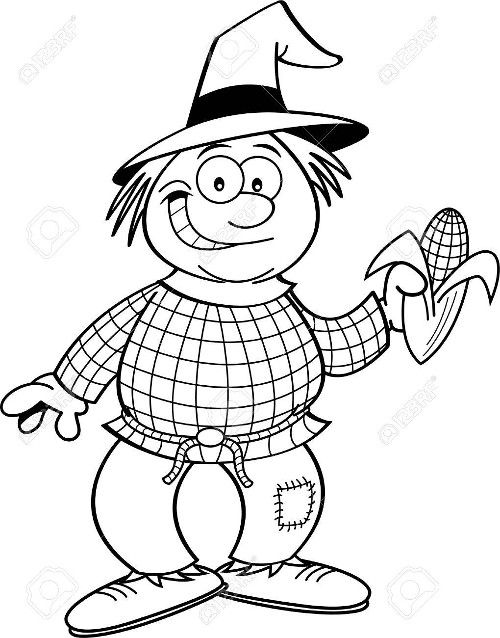 Black and white illustration of a scarecrow holding an ear of corn royalty free svg cliparts vectors and stock illustration image