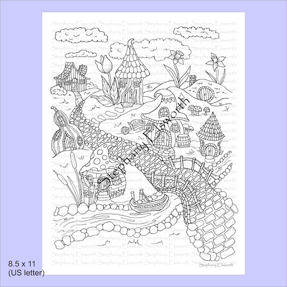 Fairy village printable instant download coloring page