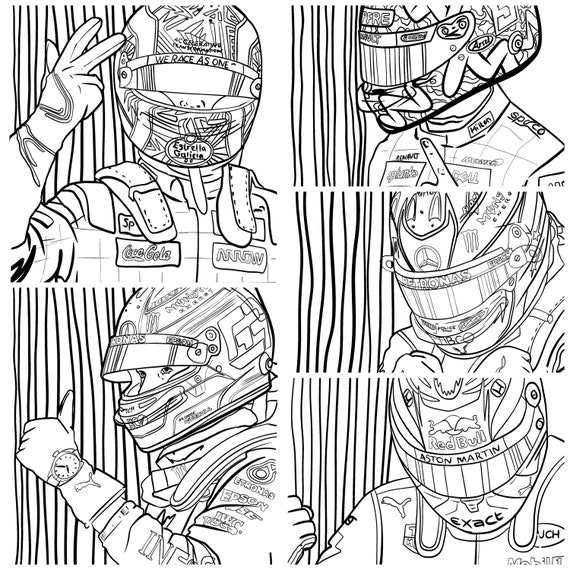 Formula drivers colouring pages set of f printables lando norris daniel ricciardo senna verstappen digital download download now