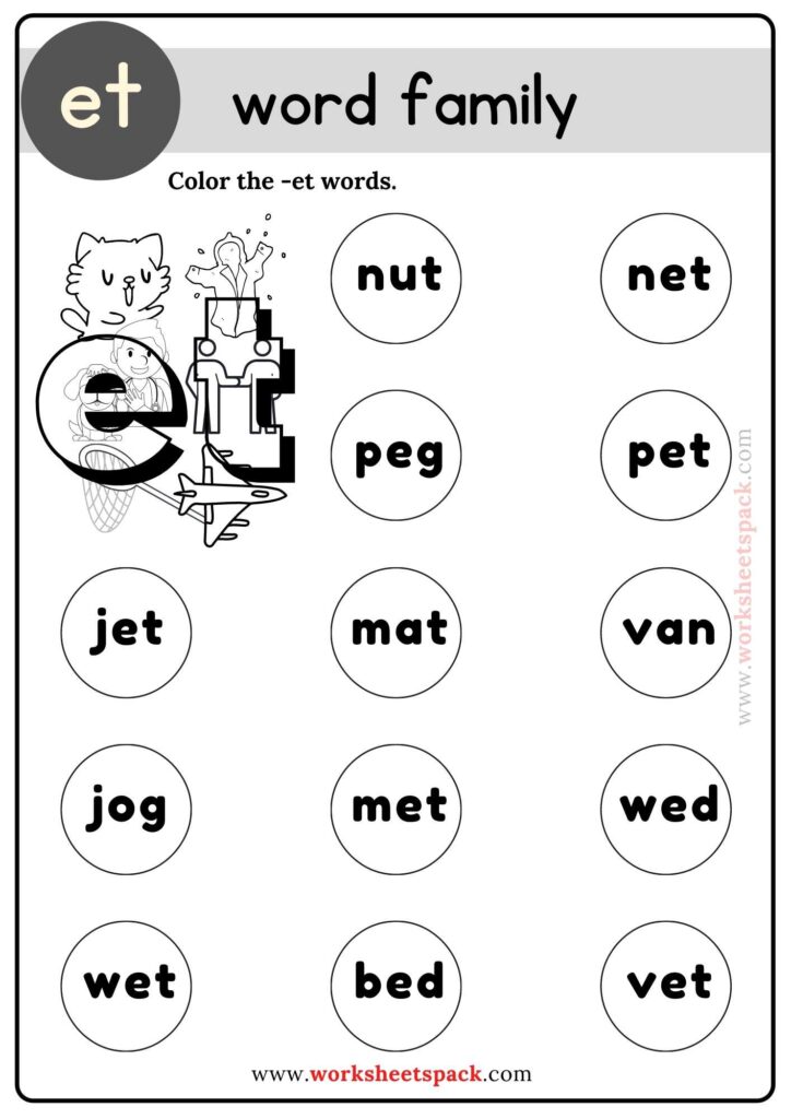 Et word family coloring pages for kindergarten