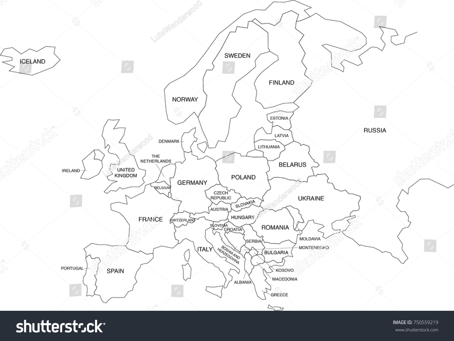 Europe map coloring book outlines labels stock vector royalty free