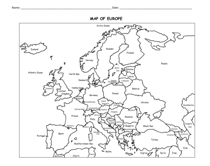 Map of europe printable coloring page with countries europe map map activities map