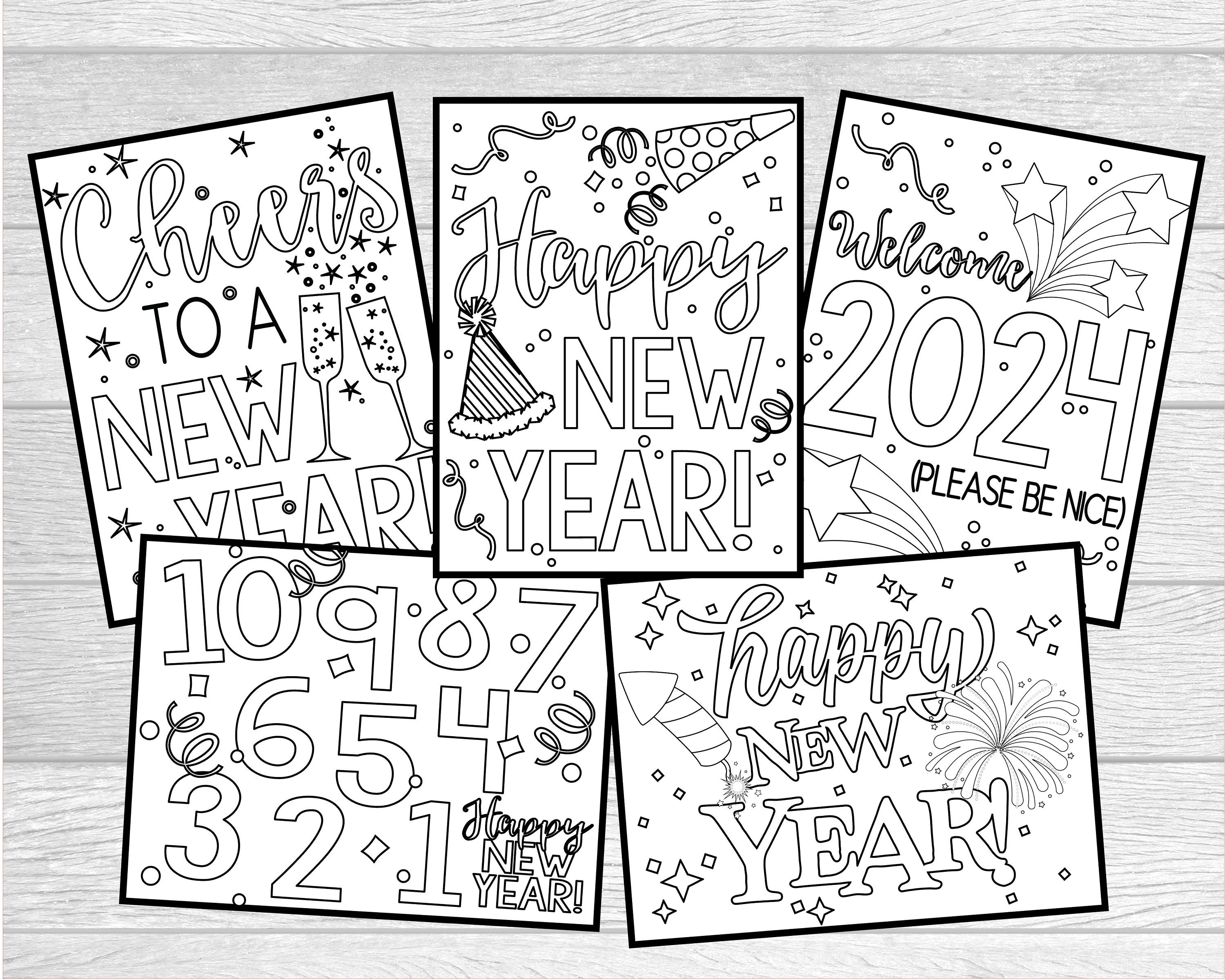 Printable new years eve coloring pages for kids or adults holiday coloring pages instant digital download printable pages