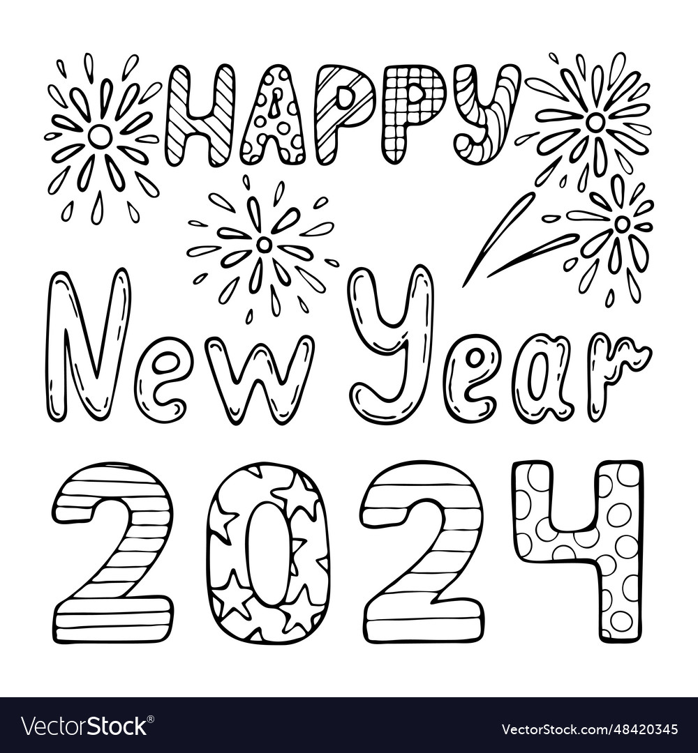 Happy new year coloring book hand drawn line vector image