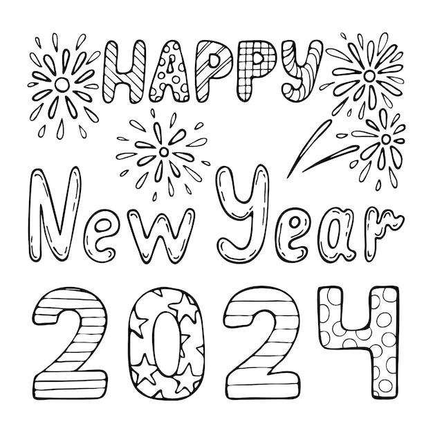 Premium vector happy new year coloring book hand drawn line art illustration