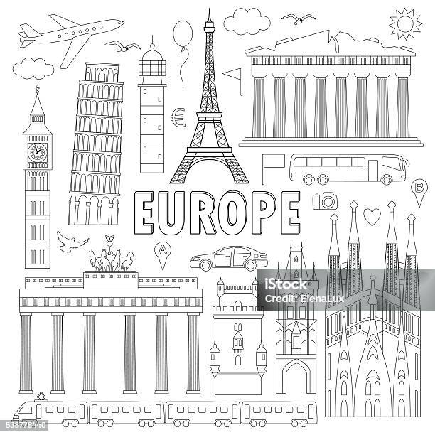 Europe travel colour set stock illustration