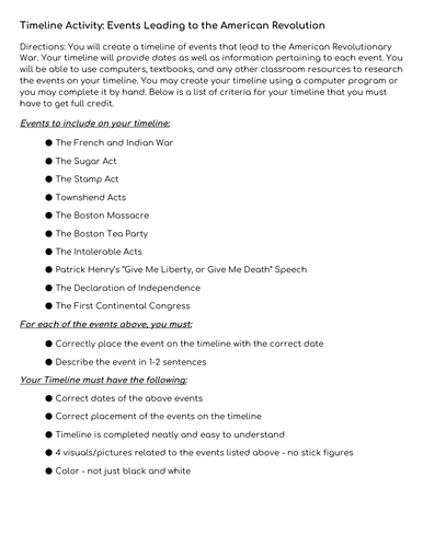 Timeline activity events leading to the american revolution teaching resources