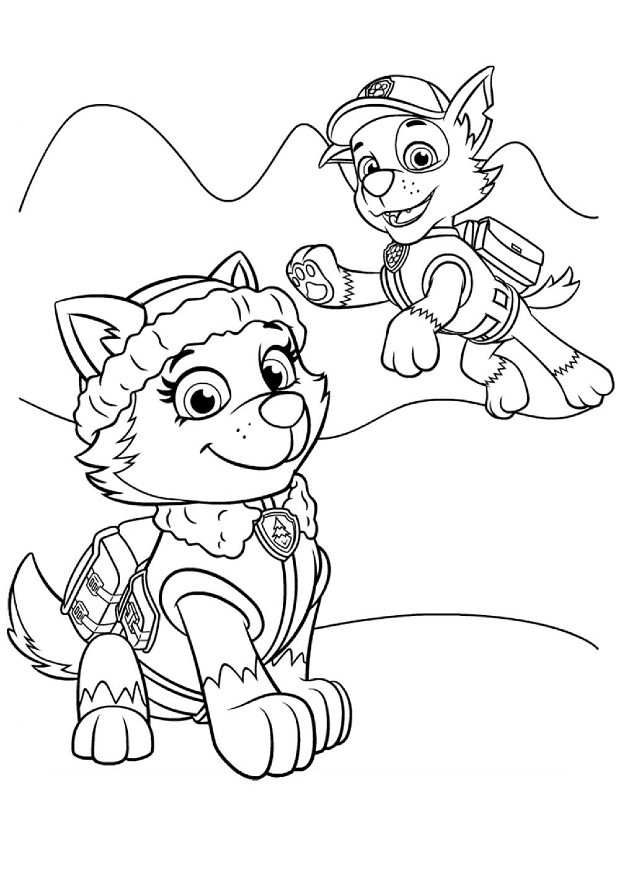 Everest and rocky from paw patrol in the mountains coloring page