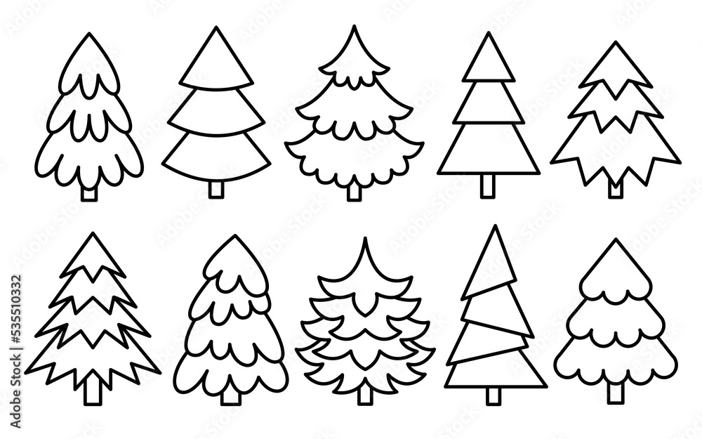 Christmas tree black outline set coloring book page evergreen coniferous forest sketch pine doodle spruce linear fir icon isolated on white cartoon xmas symbol winter holiday line decoration vector