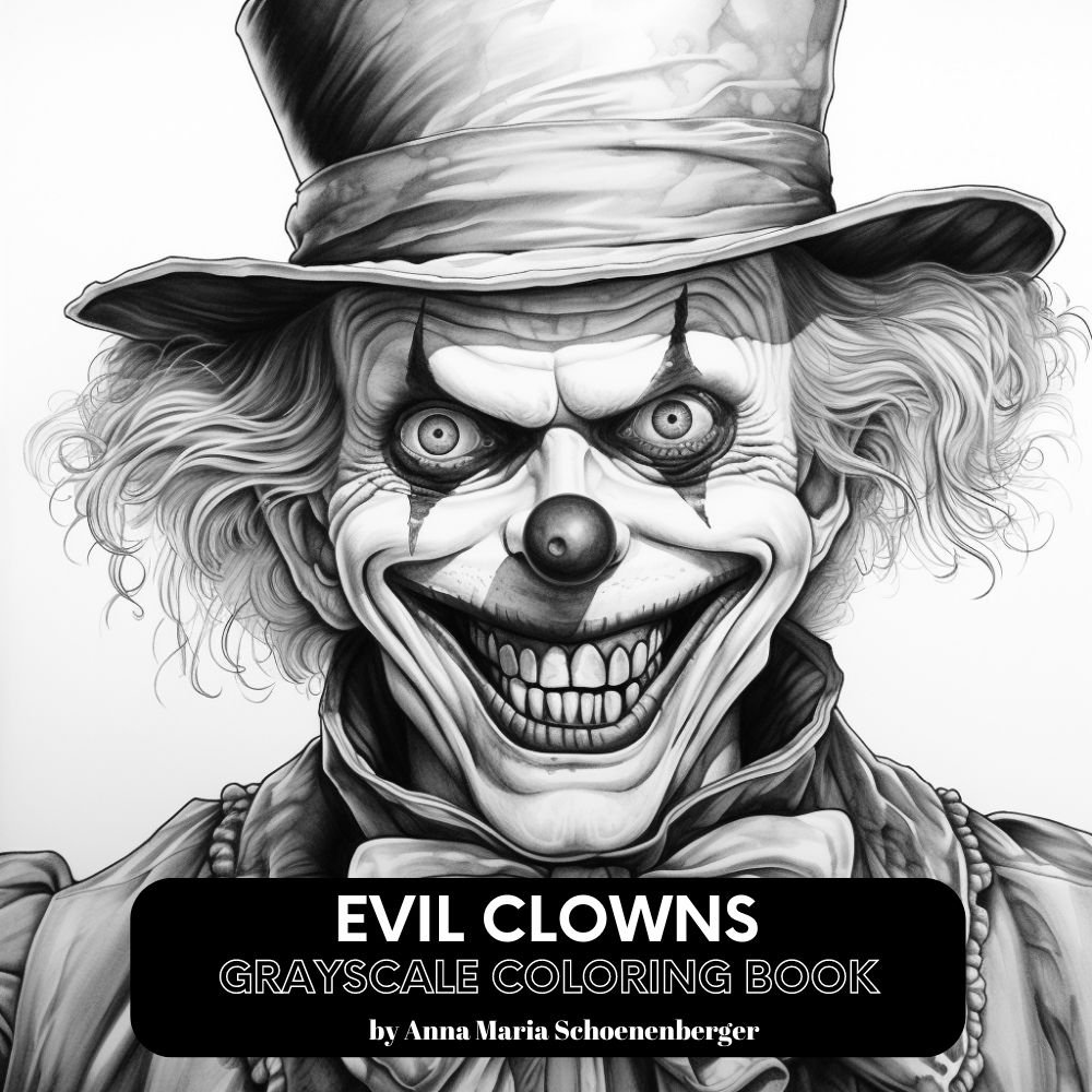 Evil clown grayscale coloring pages