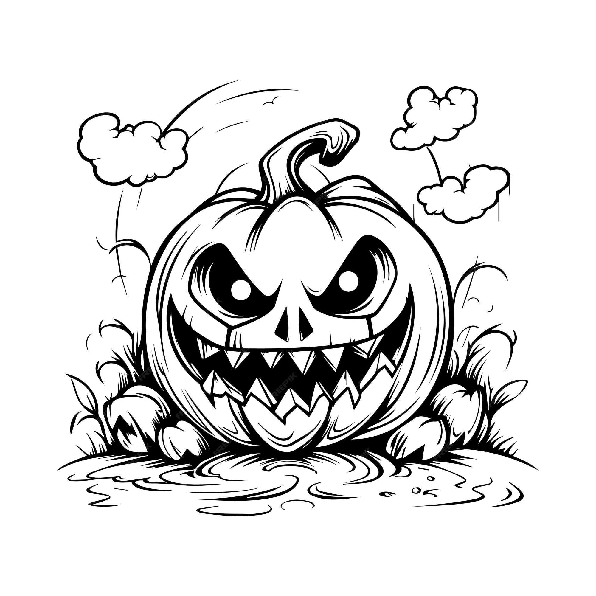 Premium vector evil pumpkin line art for coloring book page black and white for print vector