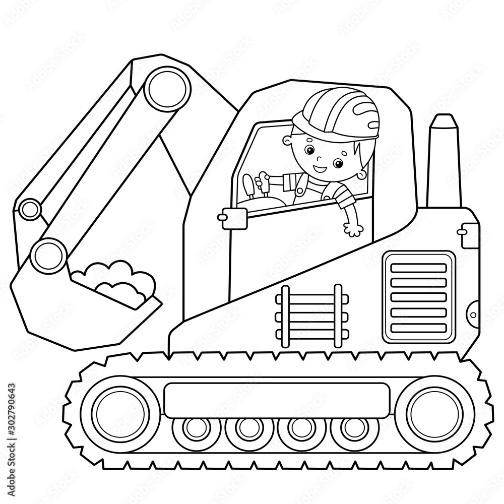 Coloring page outline of cartoon crawler excavator construction vehicles coloring book for kids vector