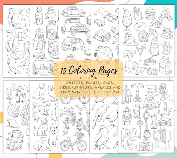 Coloring pages printables pages bundle practice sheets flowers furniture cars houses bikes food