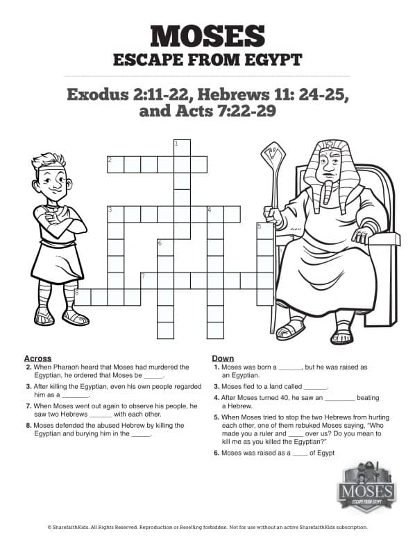 Exodus moses escapes from egypt sunday school crossword puzzles â