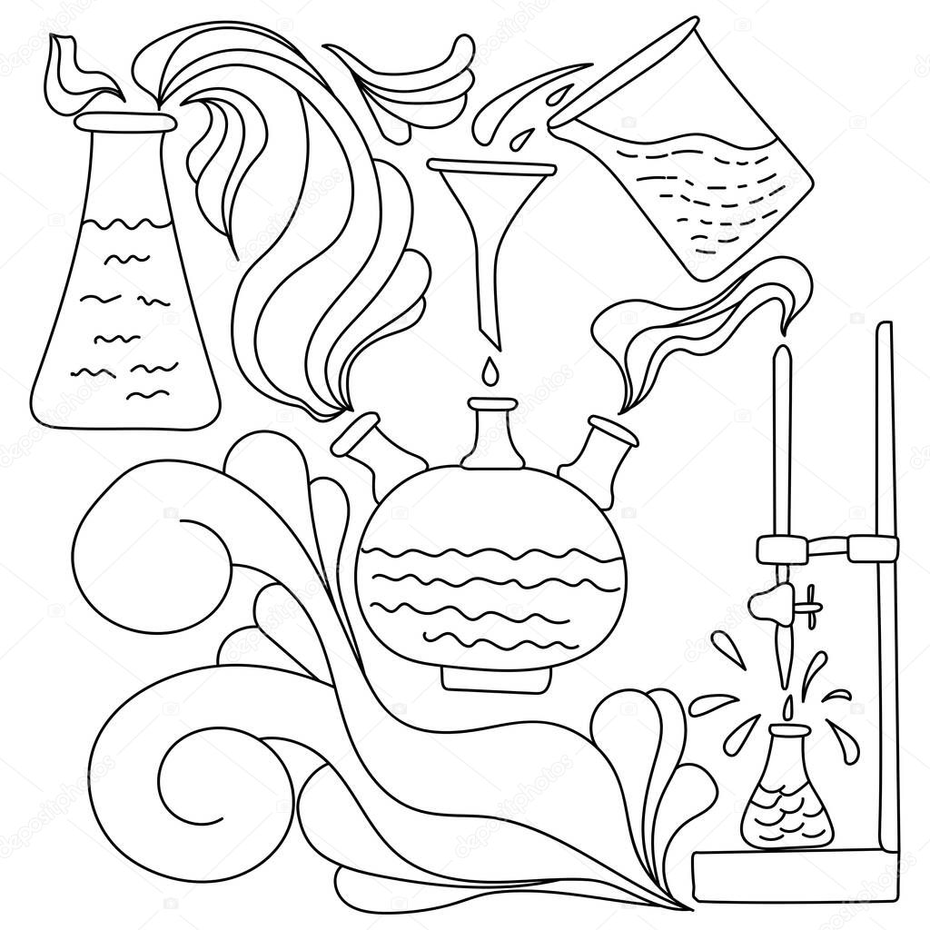 Pãgina para colorear sobre tema ciencia cristalerãa laboratorio equipo con vector de stock de sunnycoloring