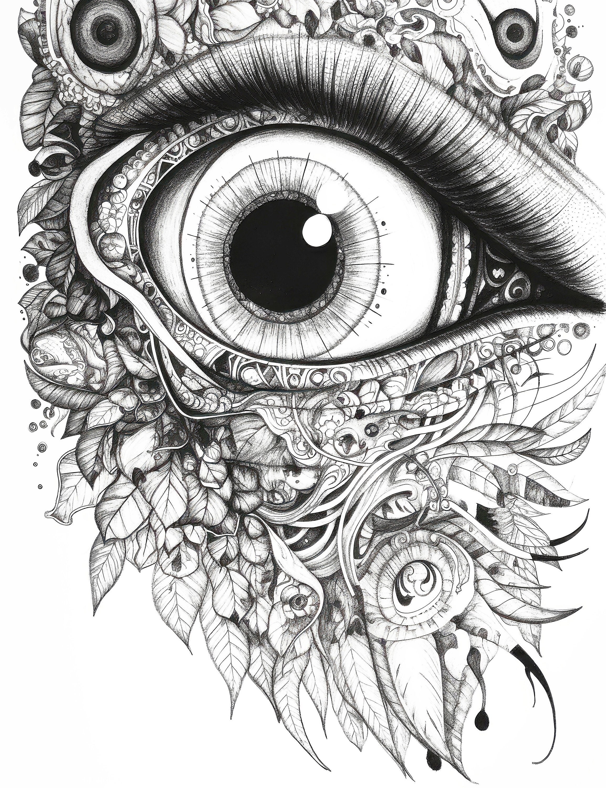 Intricate psychedelic eye fantasy adult coloring sheet of an eye with paisley designs instant digital download last