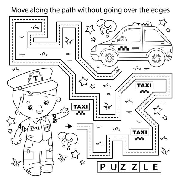 Handwriting practice sheet simple educational game or maze coloring page outline of cartoon taxi driver with car profession driver taxi coloring book for kids stock illustration