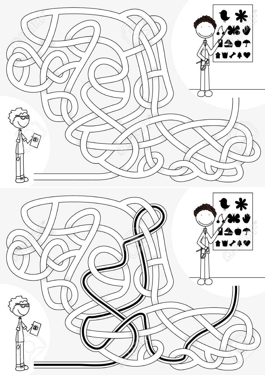 Eye doctor maze for kids with a solution in black and white royalty free svg cliparts vectors and stock illustration image