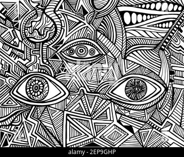 Fantastic coloring page with psychedelic eye and waves surreal doodle pattern eye vector hand drawn black and whute illustration antistress decorat stock vector image art