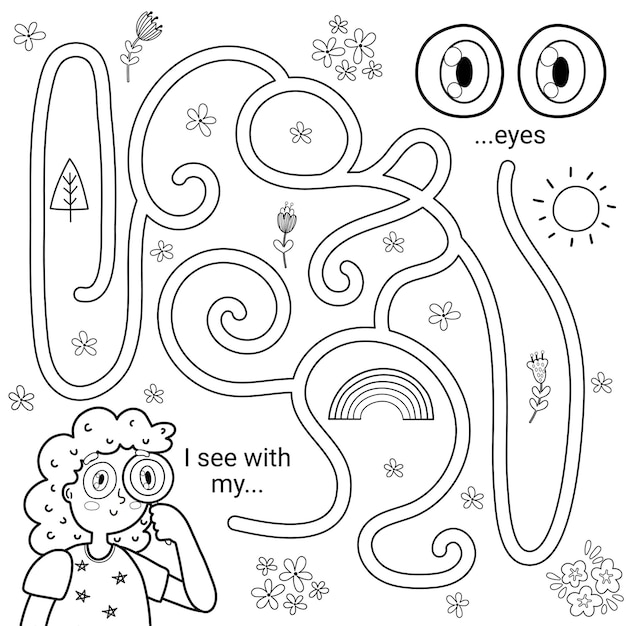 Premium vector five senses maze game for kids i can see with my eyes black and white labyrinth activity page