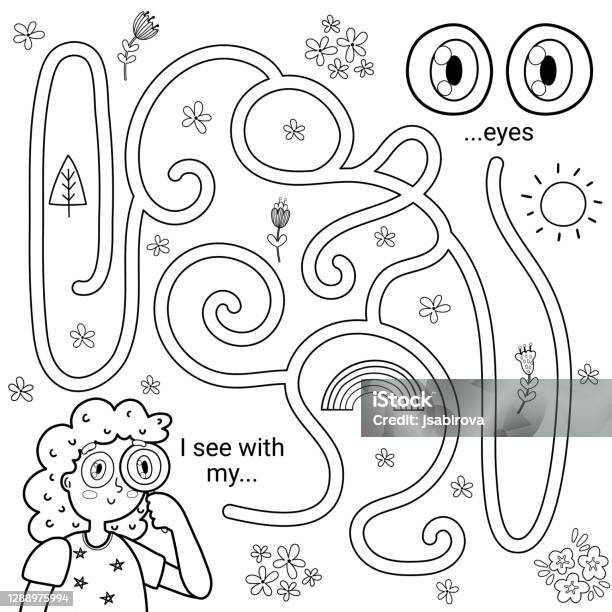 I can hear with my ears black and white maze game for kids five senses labyrinth coloring page stock illustration