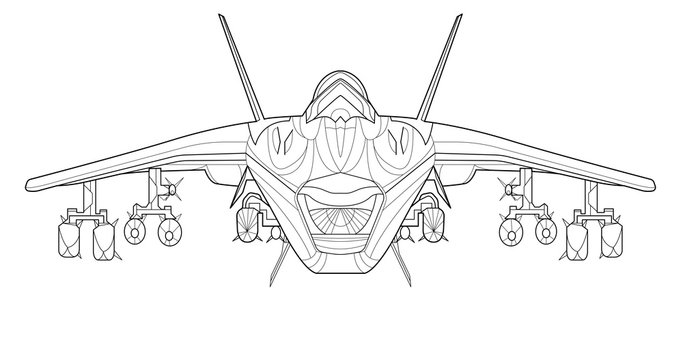 Military jet coloring page for book and drawing airplane war