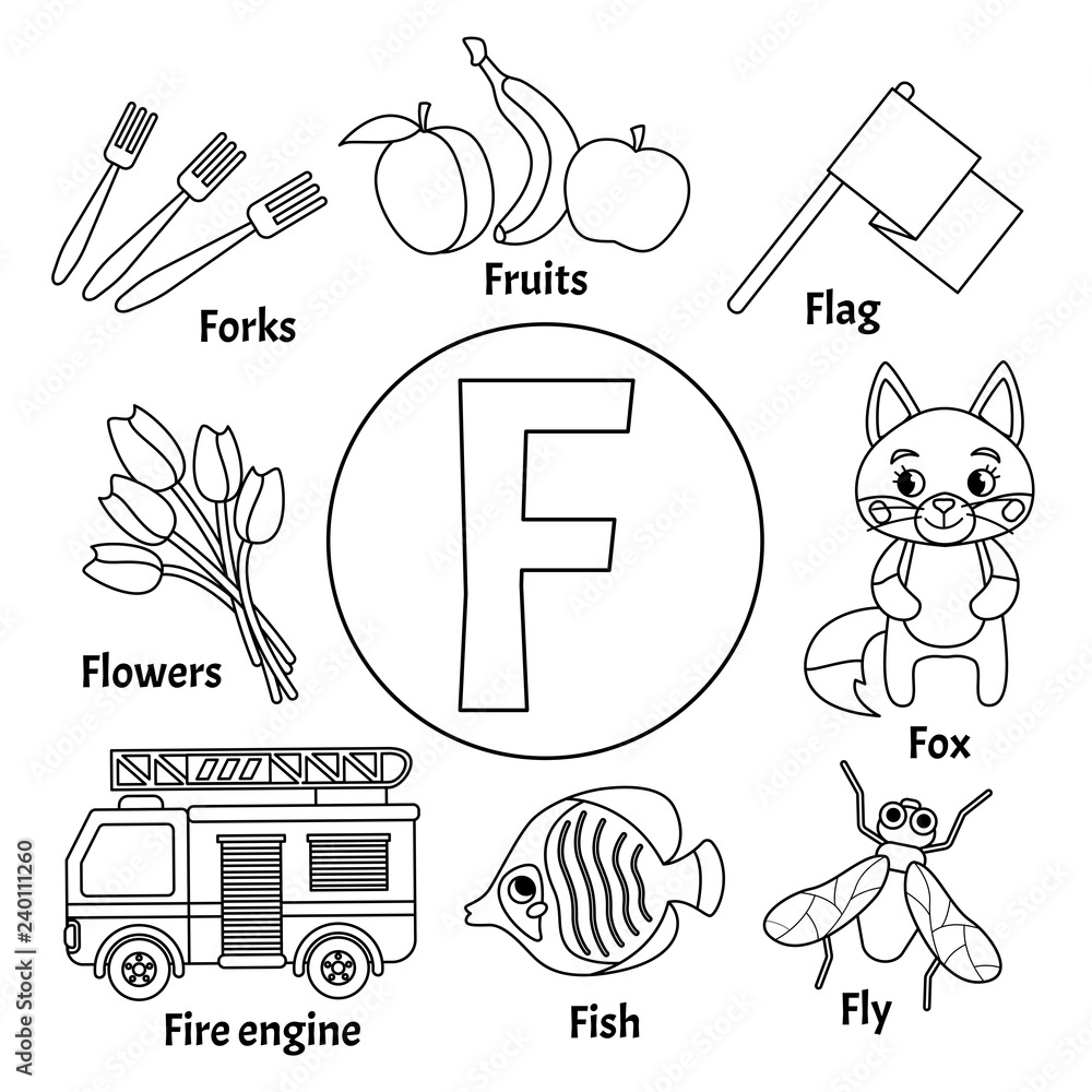 Vector cute kids animal alphabet letter f set of cute cartoon illustrations coloring page vector