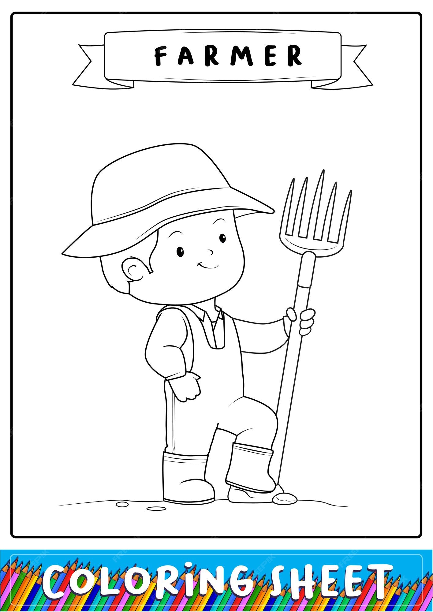 Premium vector farmer cartoon coloring sheet