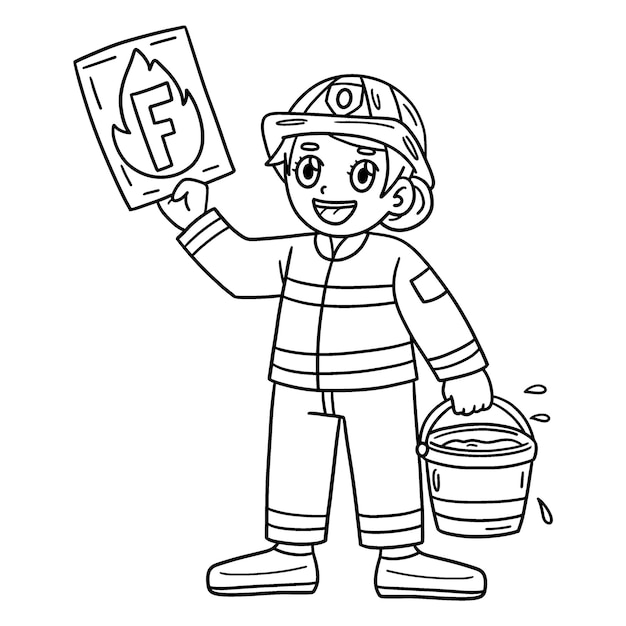 Premium vector a cute and funny coloring page of firefighter with the letter f provides hours of coloring fun for children to color this page is very easy suitable for little