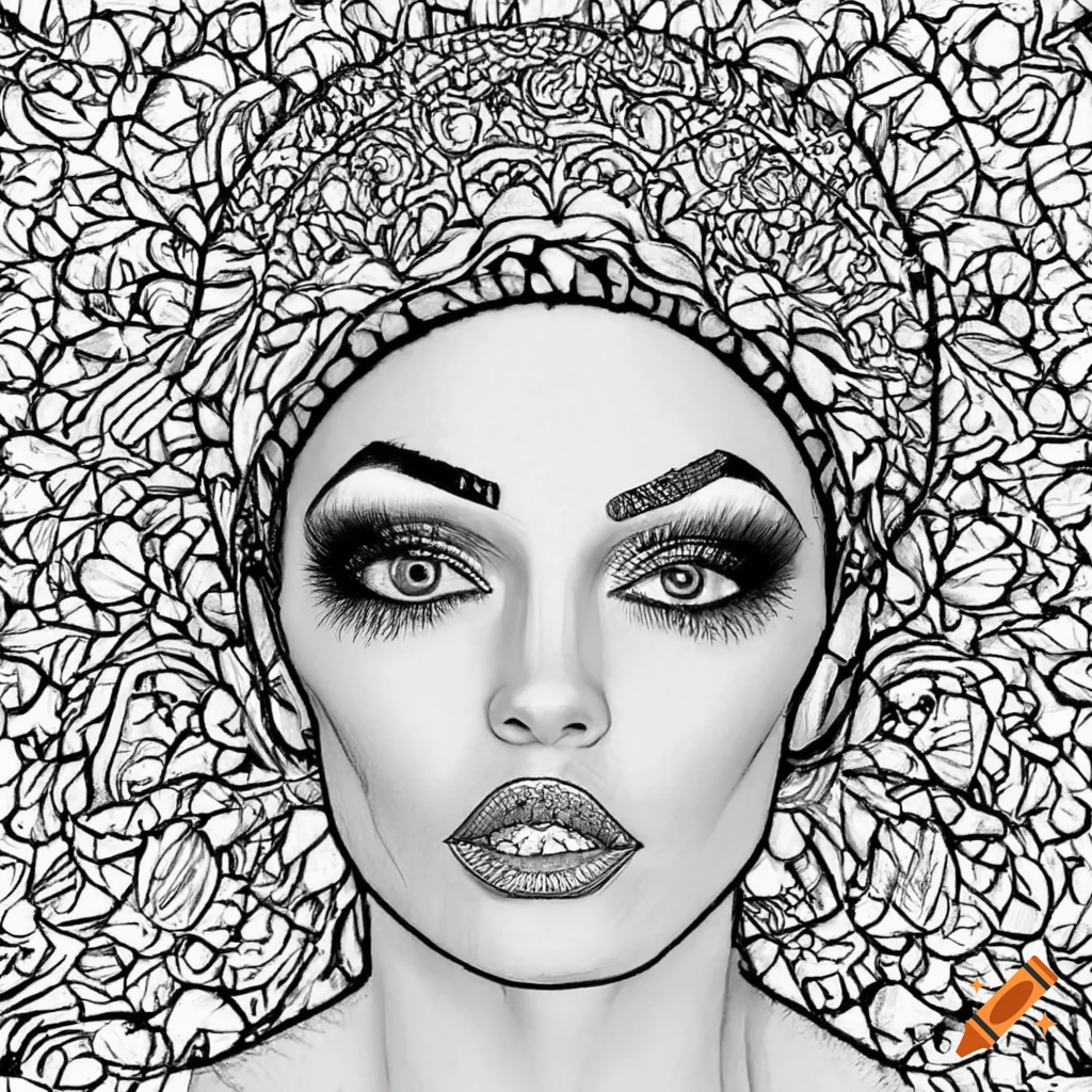 Detailed black and white coloring page of a face with symmetrical eyes on