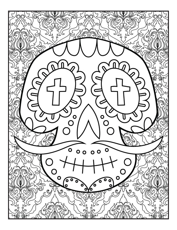 Page skull and face mask printable pages skull coloring book adult mardi gras masks digital download not a physical product