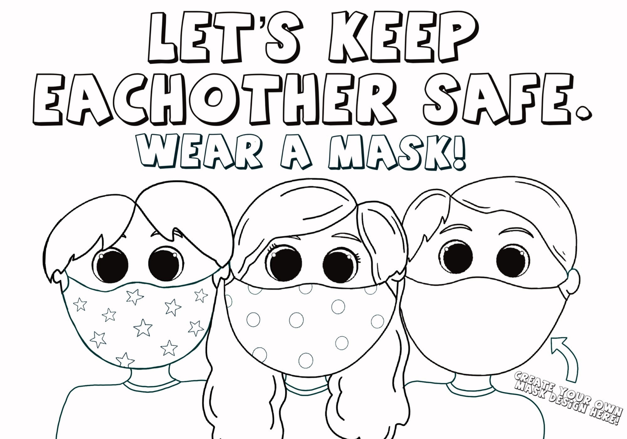 Kids wearing face masks coloring page