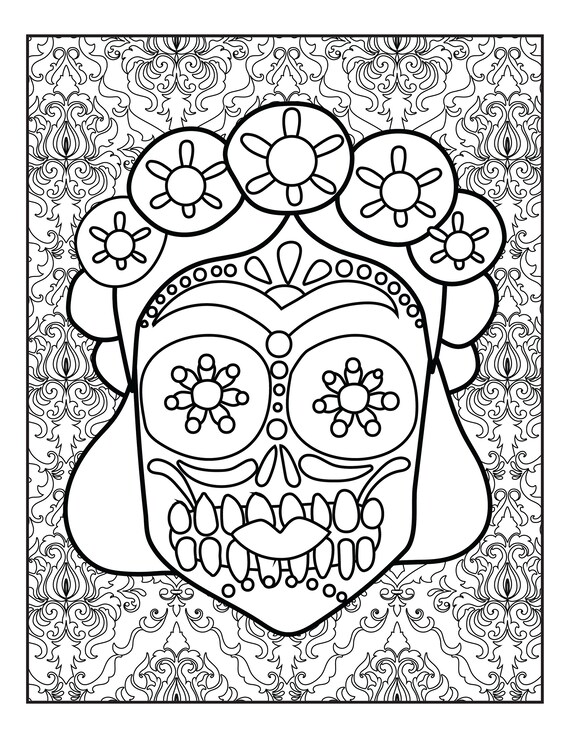 Page skull and face mask printable pages skull coloring book adult mardi gras masks digital download not a physical product