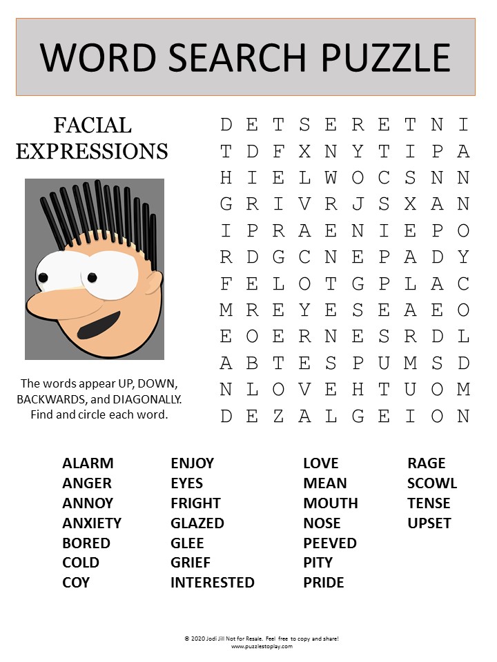 Facial expressions word search puzzle