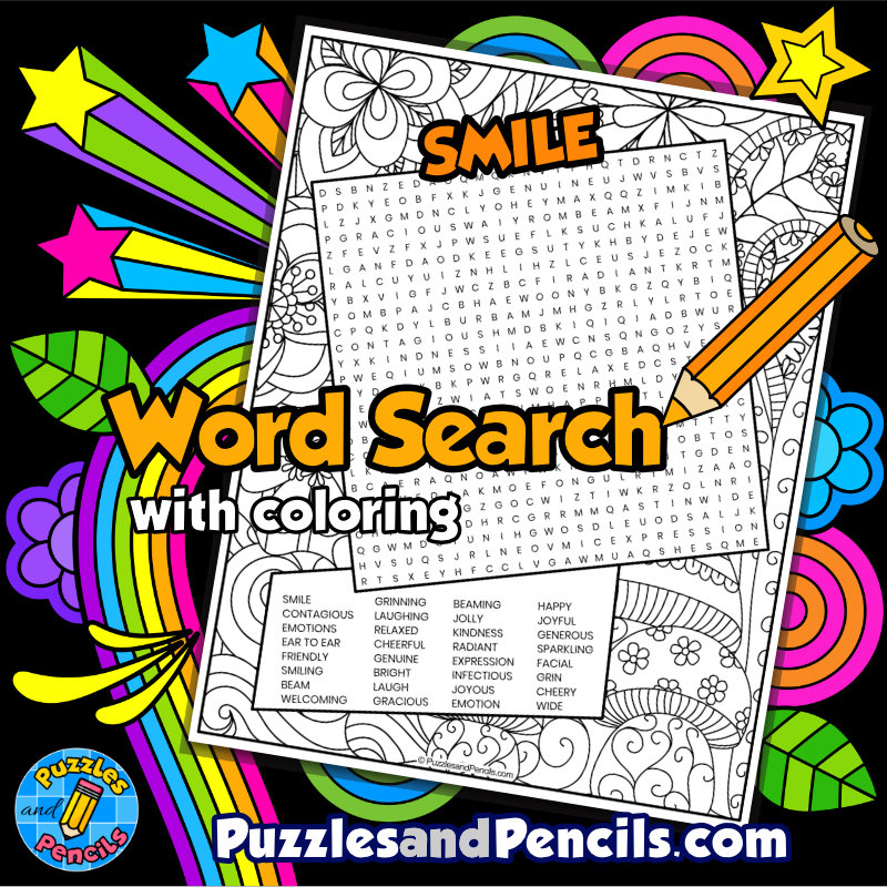 Smile word search puzzle with coloring wordsearch made by teachers
