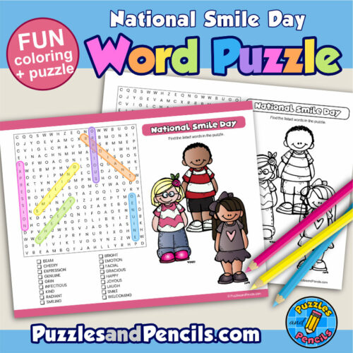 National smile day word search puzzle activity page and coloring wordsearch made by teachers