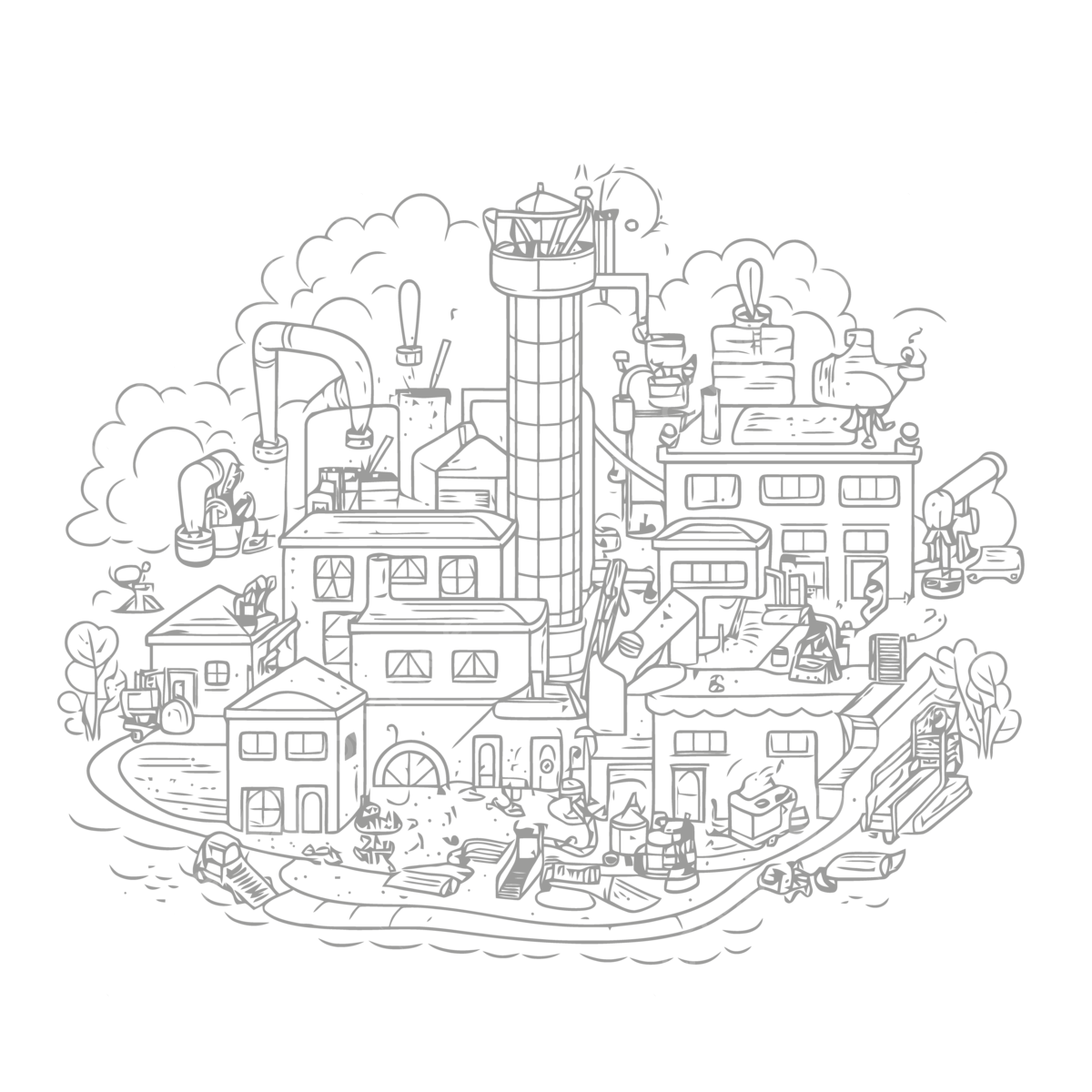 Coloring page with a factory and other buildings outline sketch drawing vector wing drawing ring drawing factory drawing png and vector with transparent background for free download