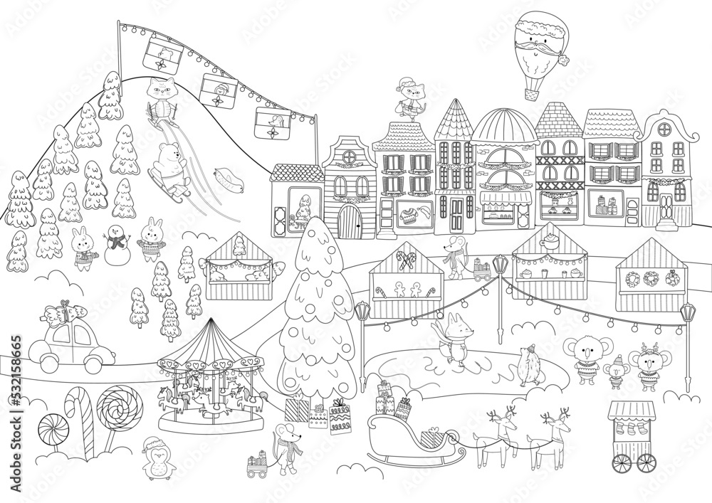 Christmas city coloring page christmas fair on town square street markets and cute animals coloring book for children and adults vector